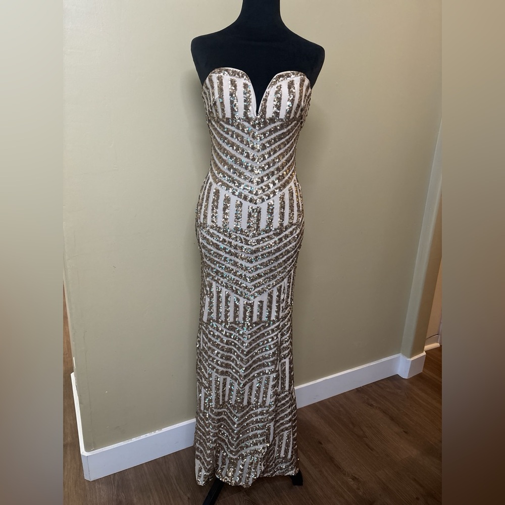 TFNC Cream and Gold Sequin Strapless Maxi Dress